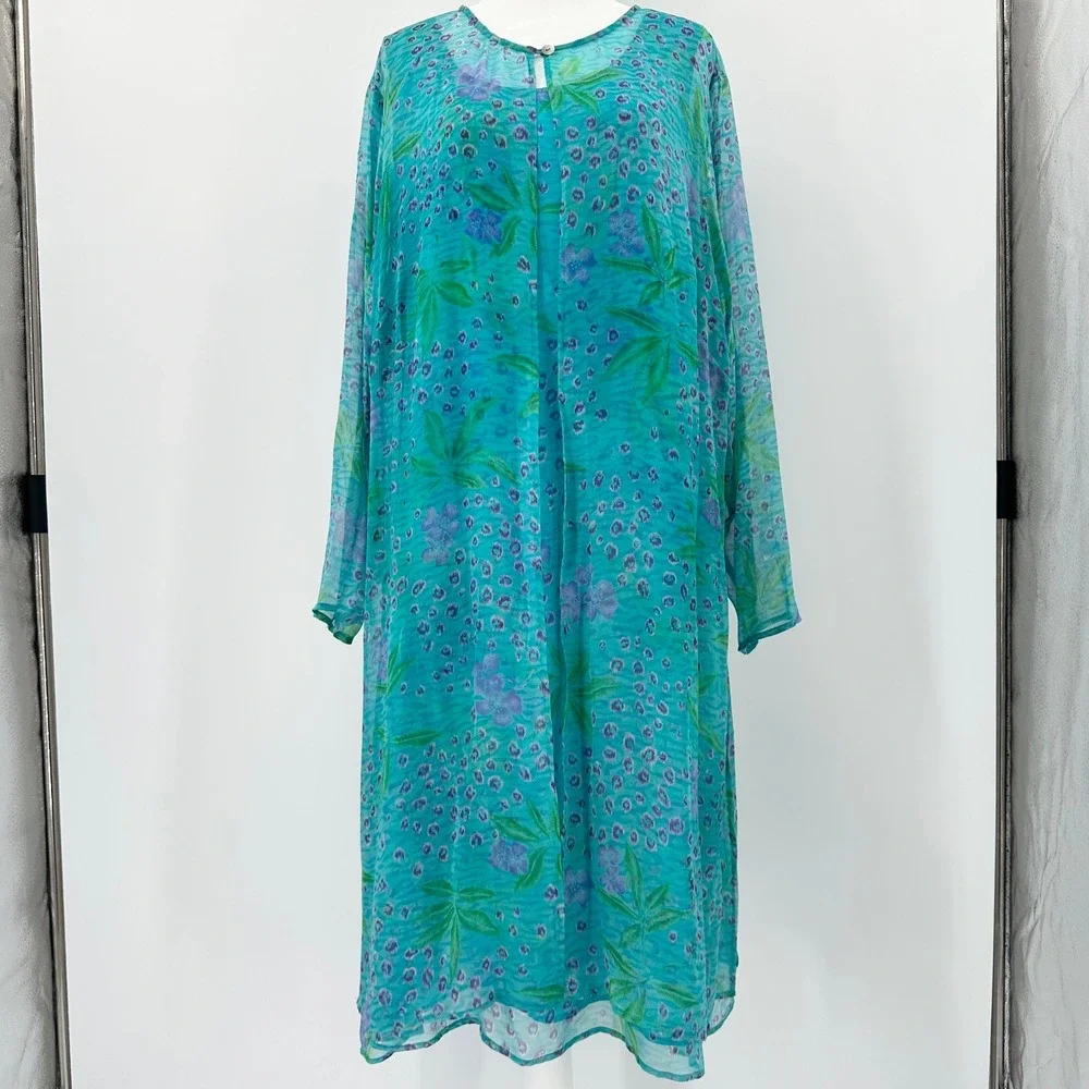 Robbie Bee 2 Piece Silk Dress Set Maxi Duster Teal Floral 18W Vintage 90's